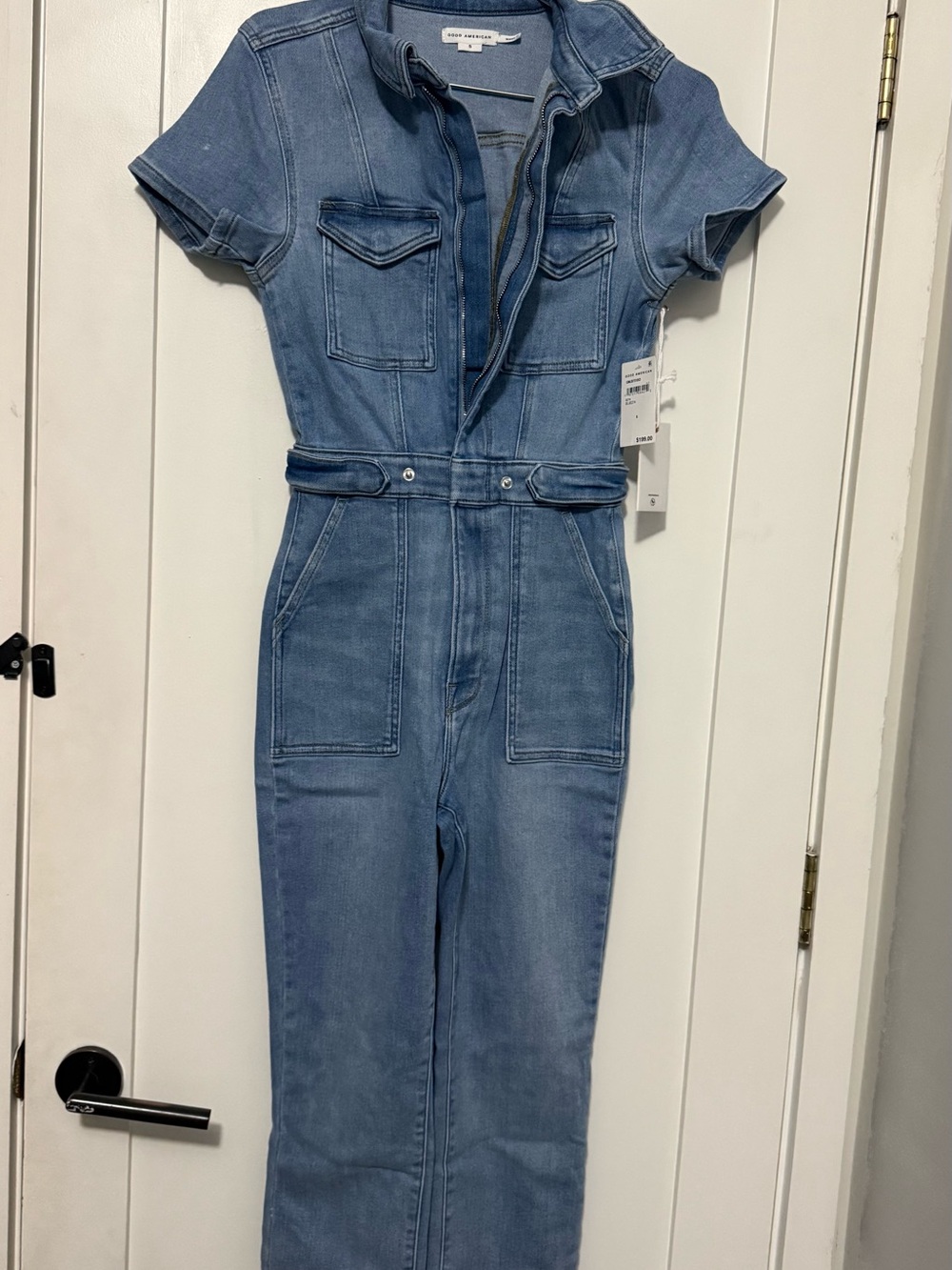 Good American Light Blue Denim Short Sleeve Jumpsuit